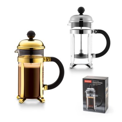 Golden and silver French presses with packaging box.