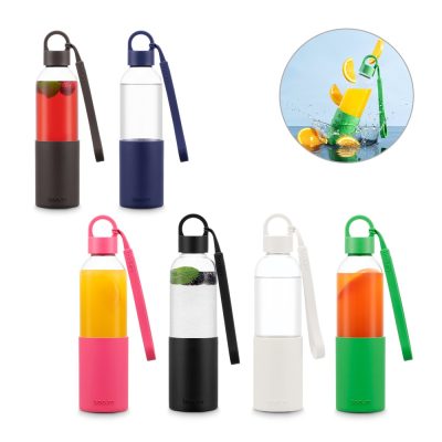Colourful reusable water bottles with handles.