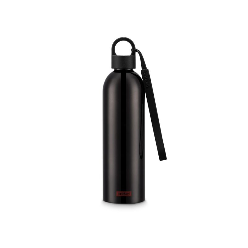 Black metal water bottle with handle.