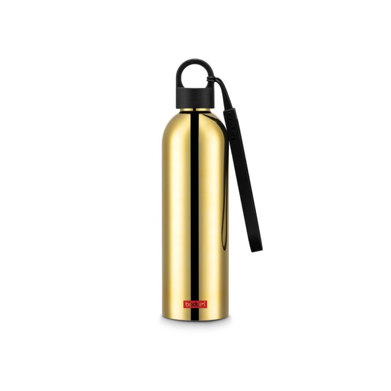 Gold reusable metal water bottle with black handle