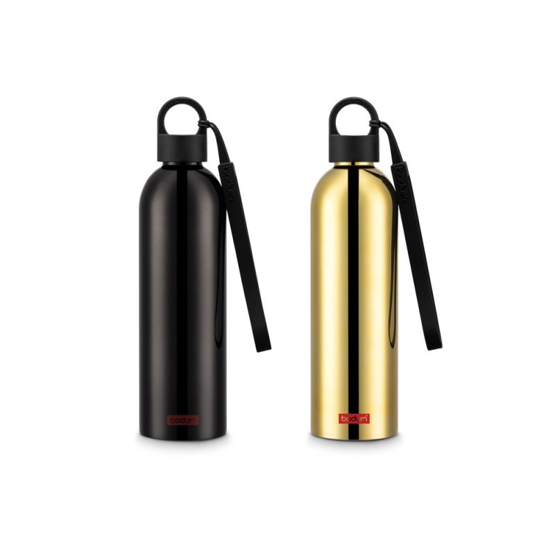 Black and gold reusable water bottles