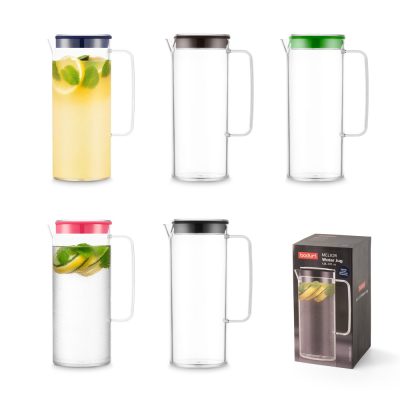 Five colourful glass jugs with packaging box.