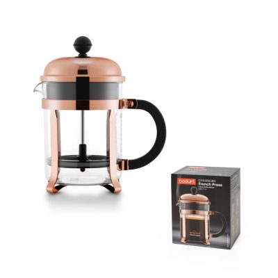 Copper French press coffee maker with box packaging.