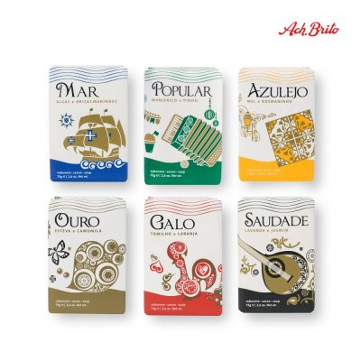 Six Ach. Brito scented soaps with colourful packaging.