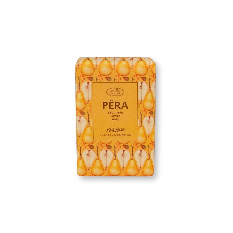 Pear-scented soap bar with decorative packaging.