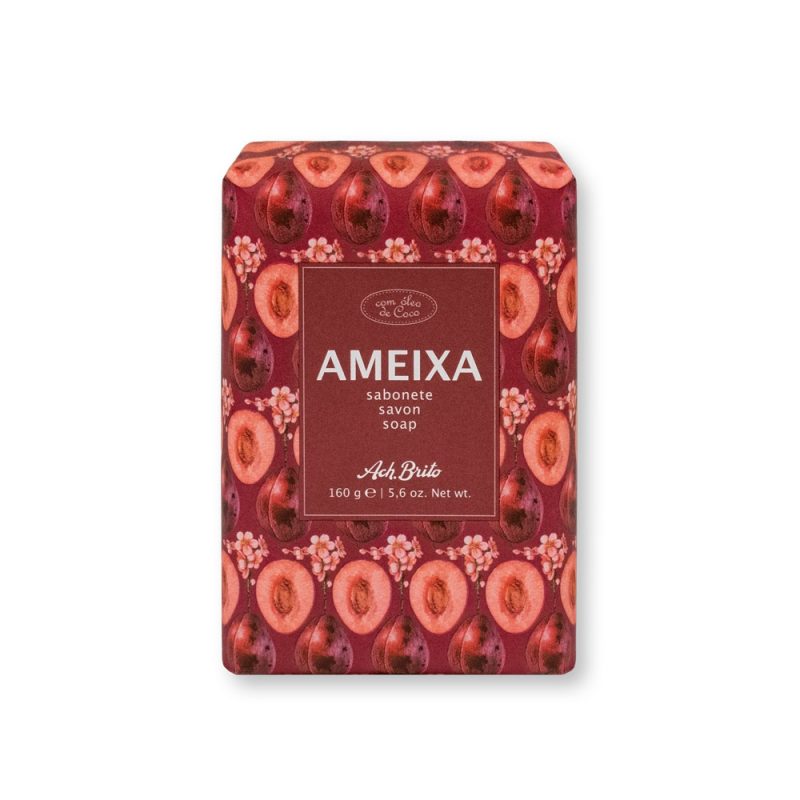 Ameixa soap bar with plum packaging.
