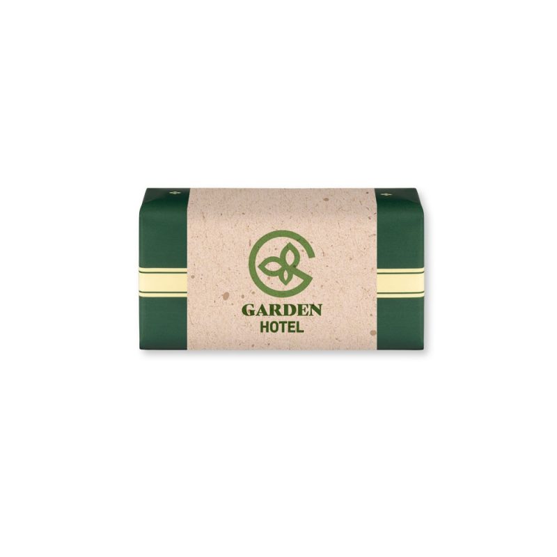 Garden Hotel branded soap bar, green and beige packaging.