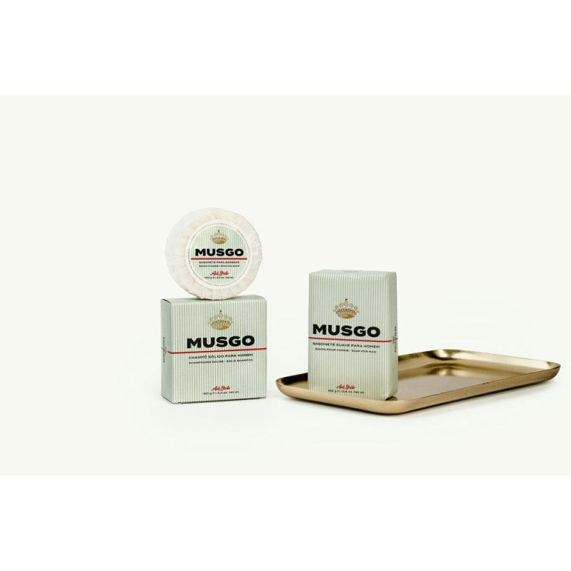 Musgo soap packaging and gold tray display