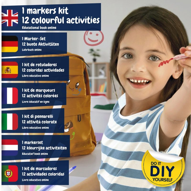 Smiling child with markers kit and colourful activities.