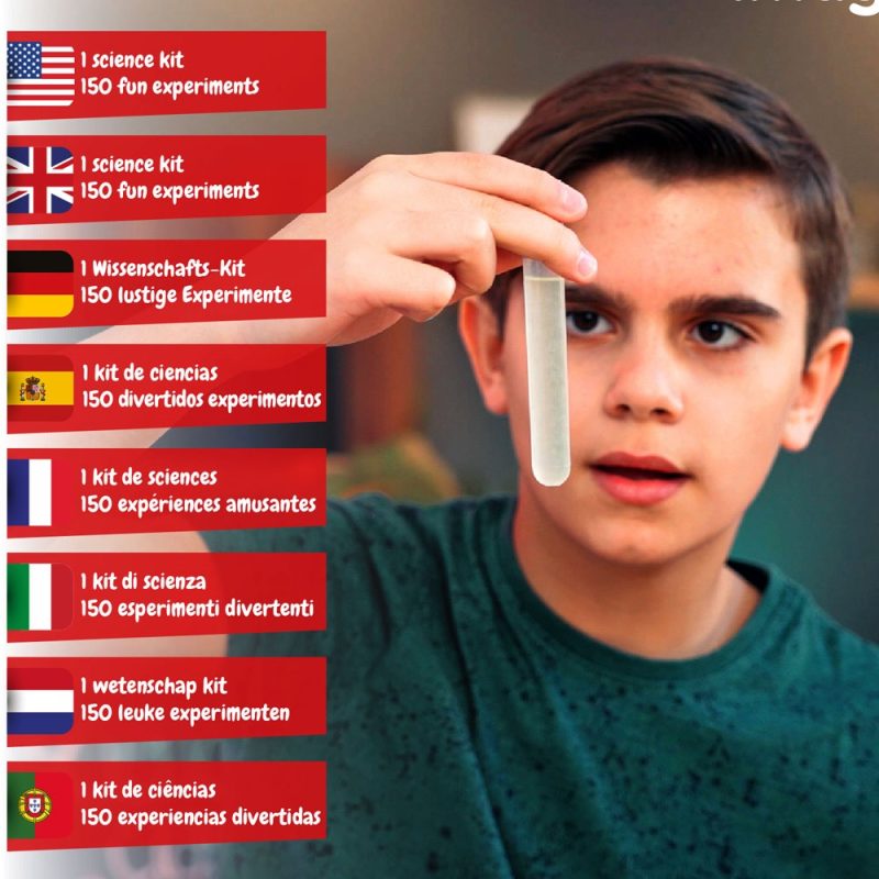 Child holding test tube, science kits listed.