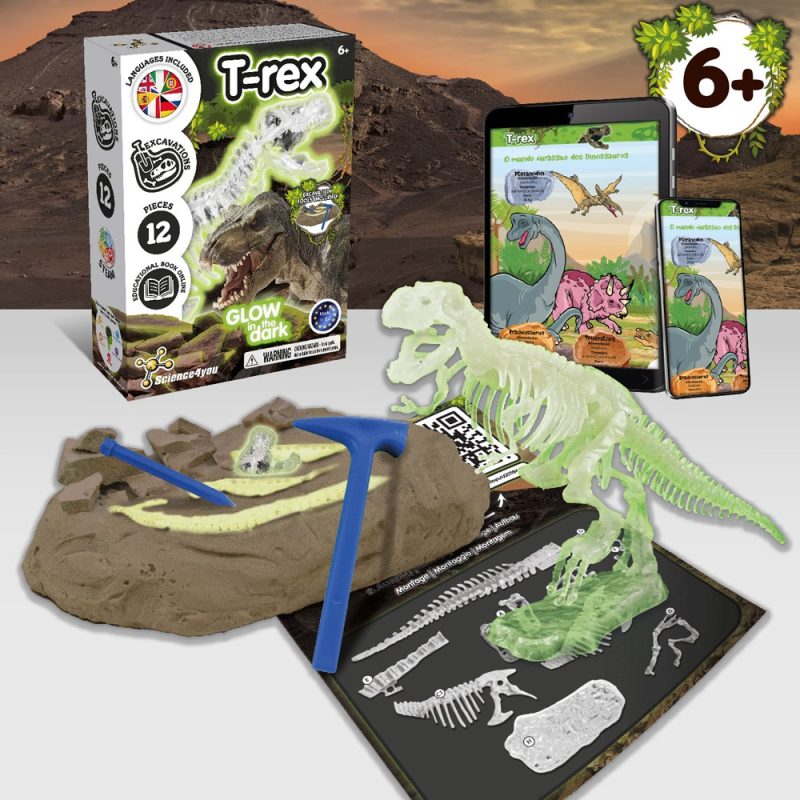 T-rex dinosaur excavation kit for children, ages six-plus.