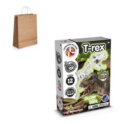 T-rex dinosaur excavation kit with paper bag.