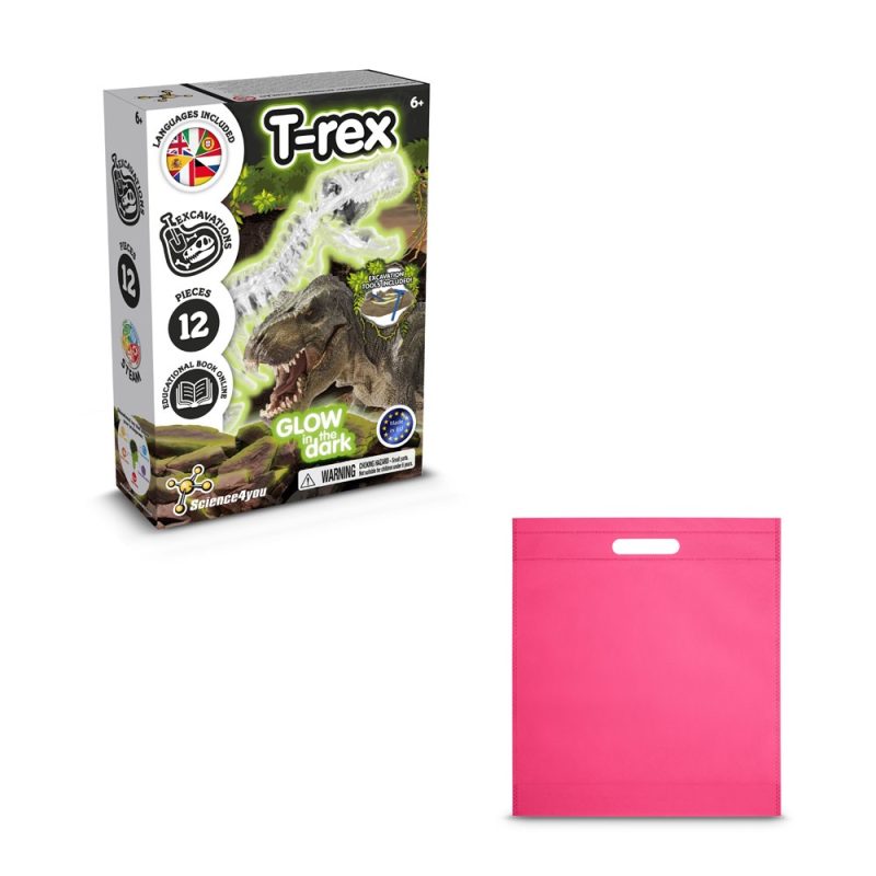 T-rex glow-in-the-dark dinosaur excavation kit with bag.
