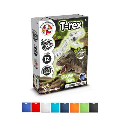T-rex excavation kit box with glow-in-the-dark feature.