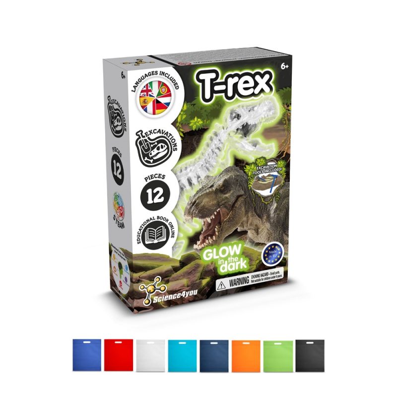 T-rex excavation kit box with glow-in-the-dark feature.