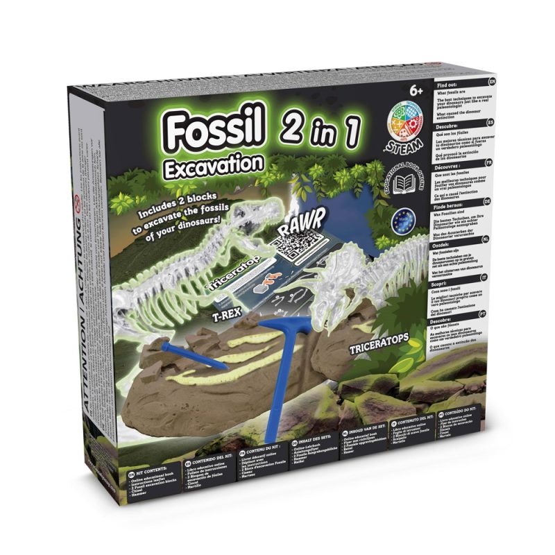 Fossil excavation kit with T-Rex and Triceratops models.