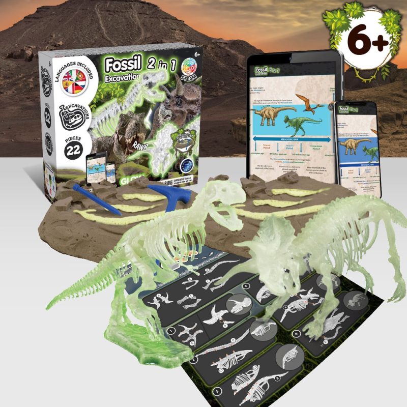 Dinosaur fossil excavation kit for children aged 6+.
