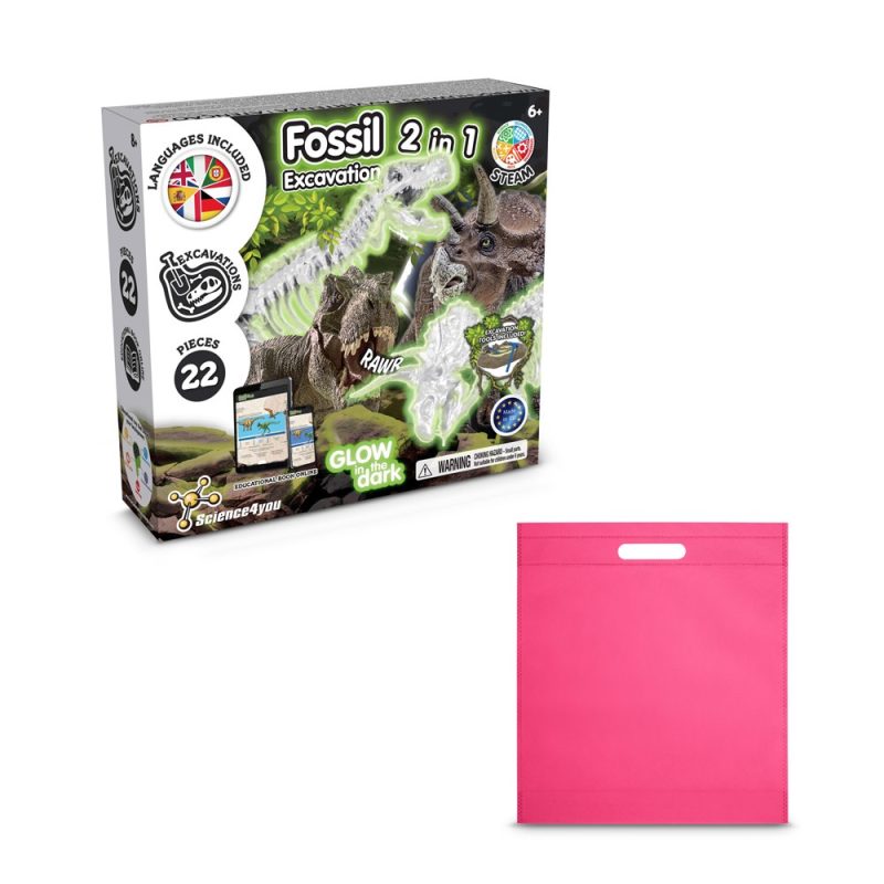 Fossil excavation kit with pink carrying bag.
