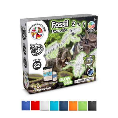 Fossil excavation kit with 22 glow-in-the-dark pieces.