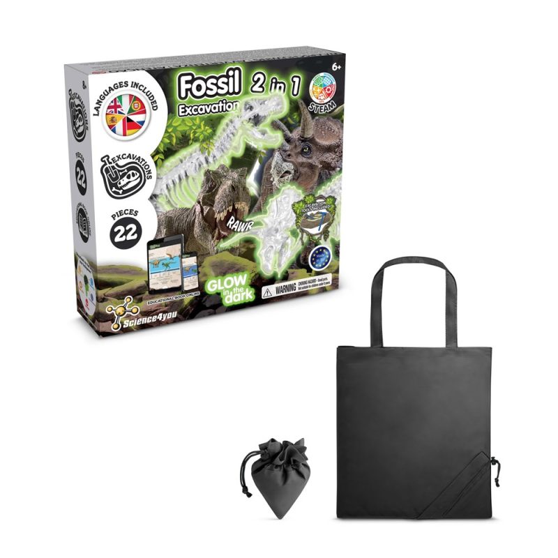 Fossil excavation kit with bag, glow in the dark.