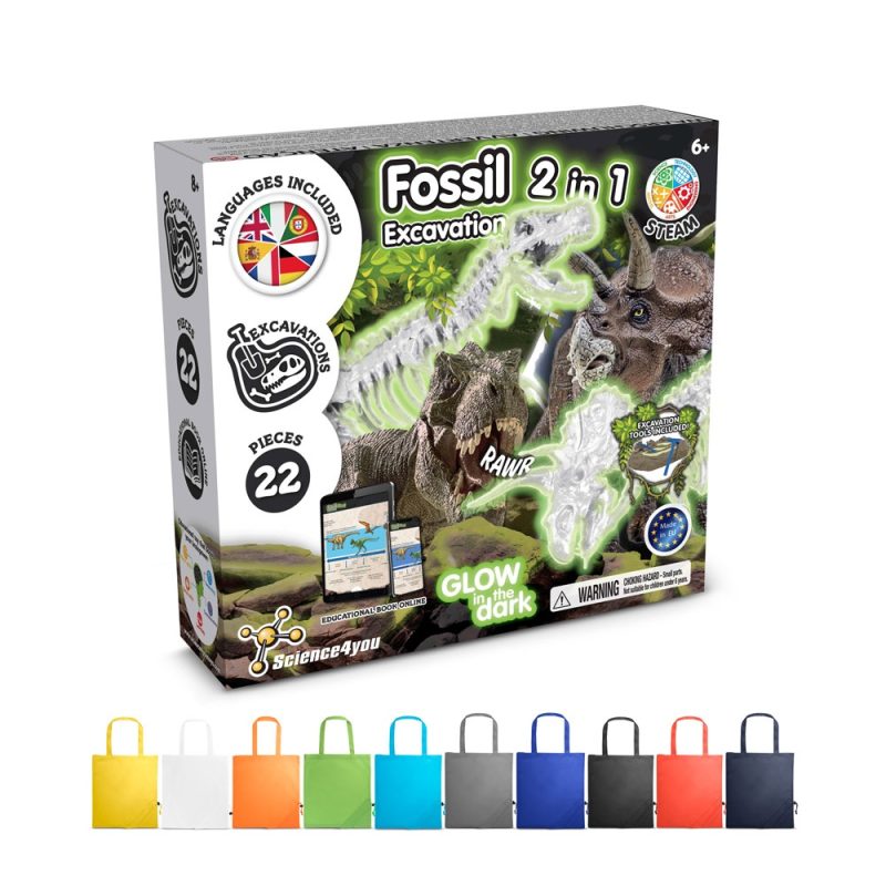 Fossil excavation kit box with dinosaur illustrations.
