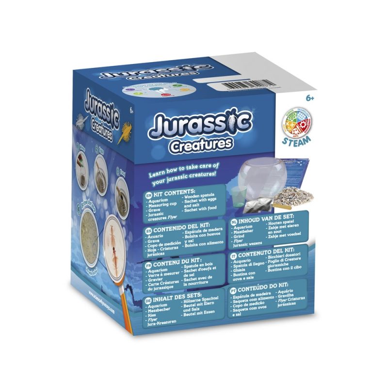 Jurassic Creatures science kit packaging, multiple languages.