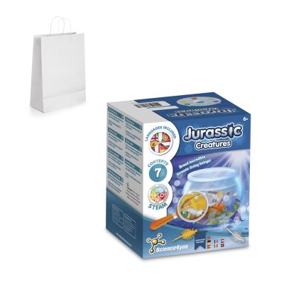 Jurassic Creatures toy set with white bag.
