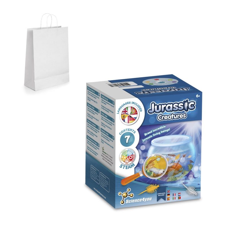 Jurassic Creatures toy set with white bag.