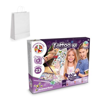 Tattoo kit box with temporary tattoos for kids.