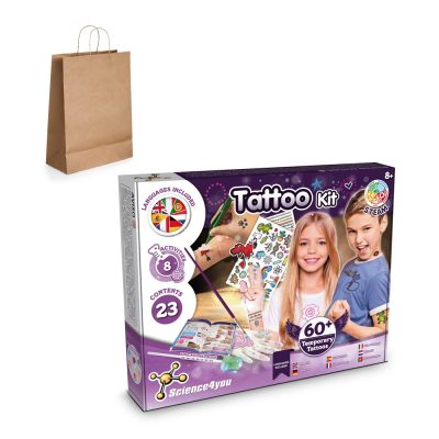 Temporary tattoo kit for kids with paper bag.