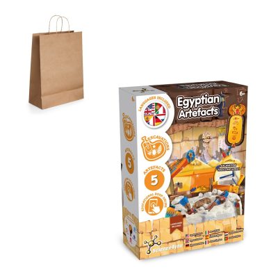 Educational toy set with Egyptian artefacts and paper bag.