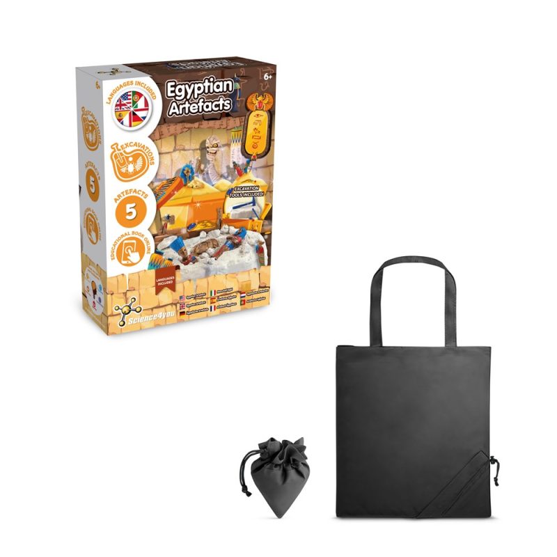 Egyptian artefacts excavation kit with black tote bag.