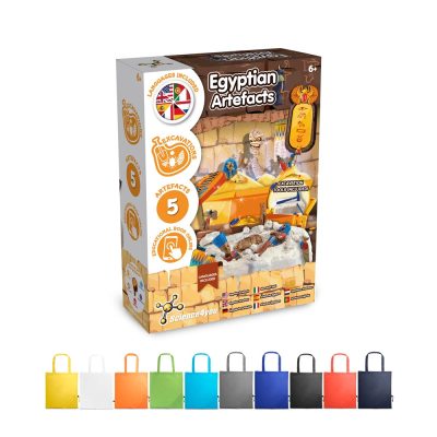 Egyptian Artefacts excavation kit with colourful bags displayed.