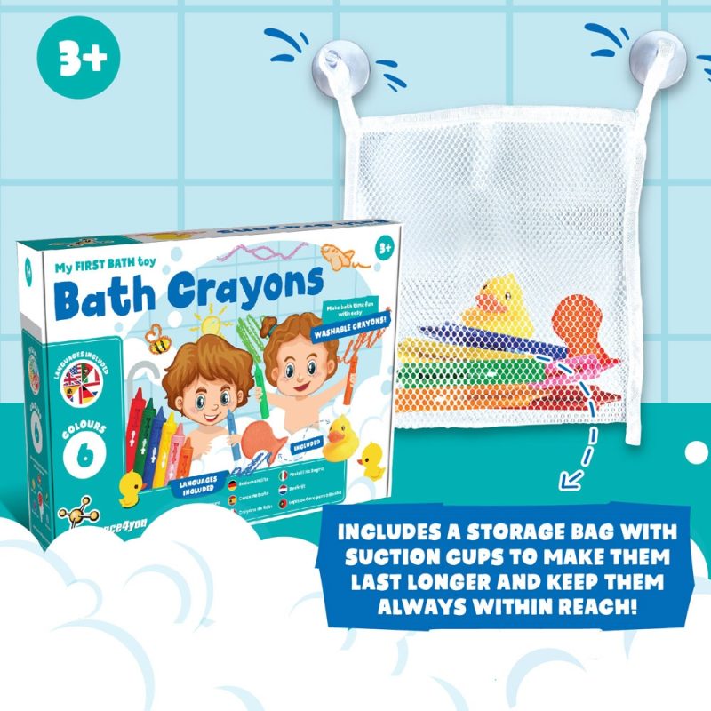 Children's bath crayons with storage bag and suction cups.