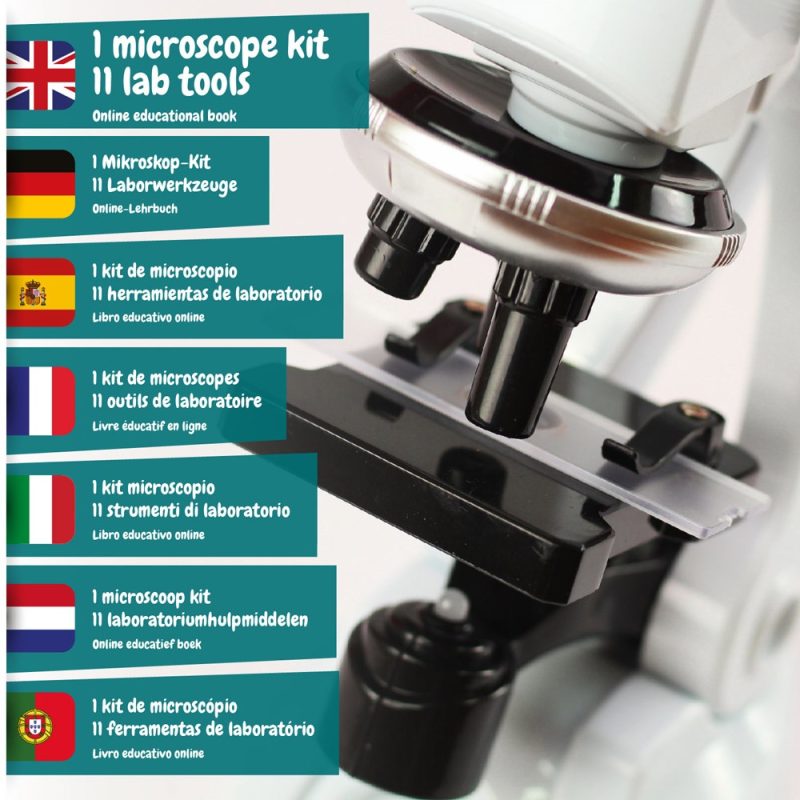 Multilingual microscope kit and laboratory tools description.
