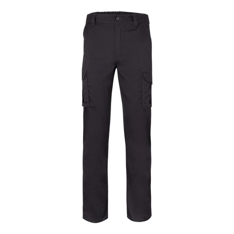 Black cargo trousers with multiple pockets.