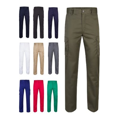 Assorted coloured cargo trousers arranged in grid layout.