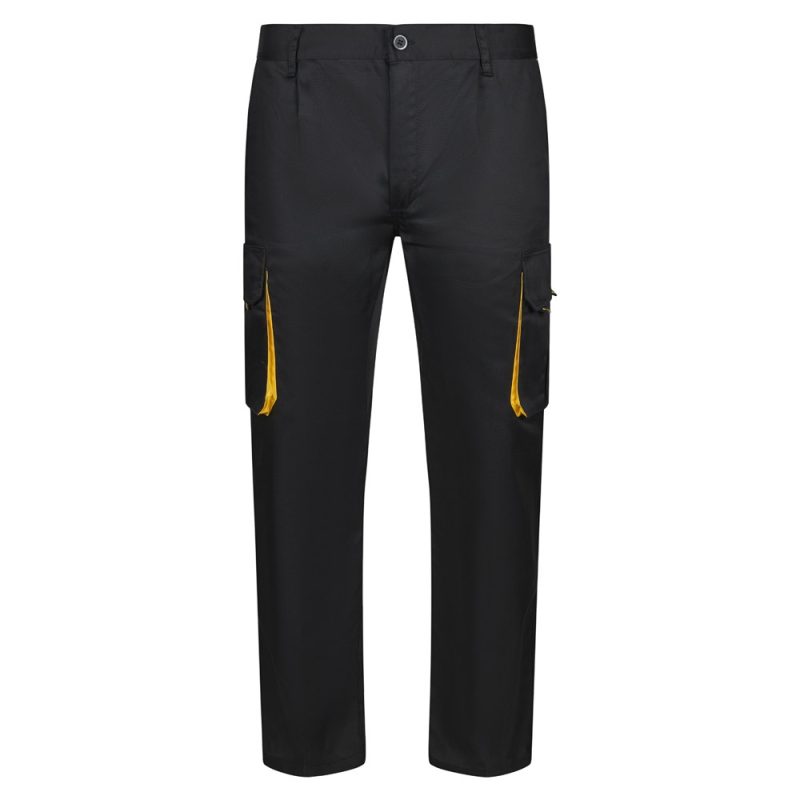 Black work trousers with yellow accents