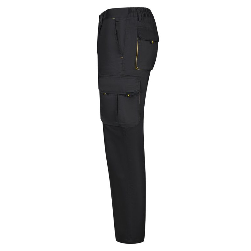 Black cargo trousers side view with pockets.