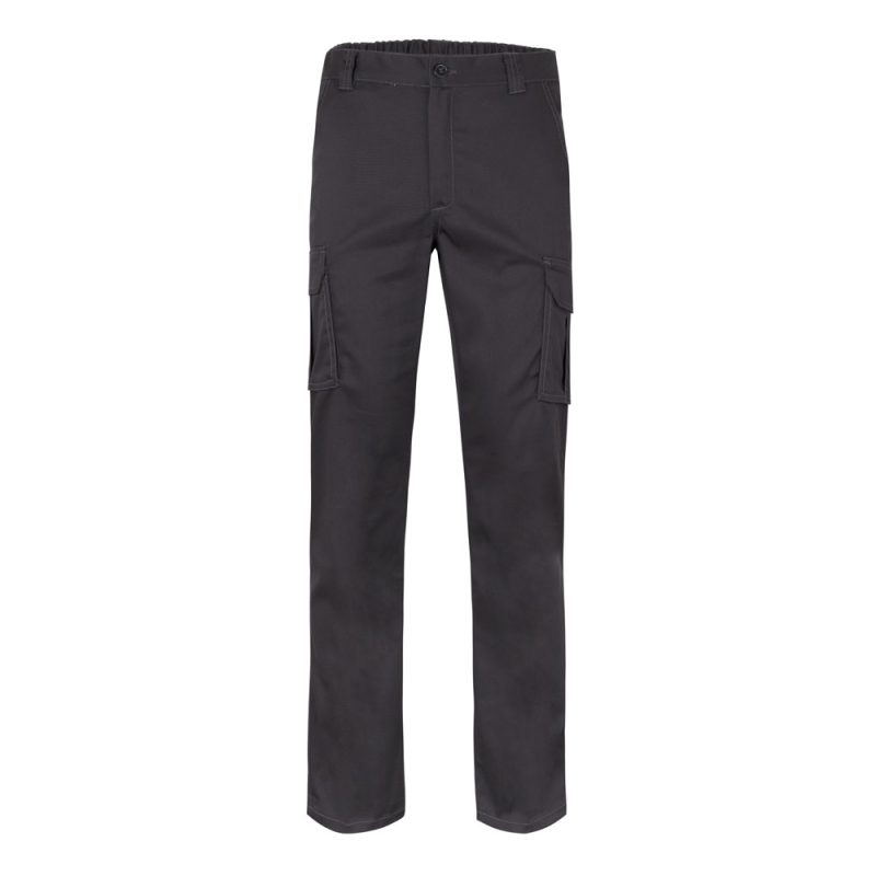 Black cargo trousers with side pockets, front view.