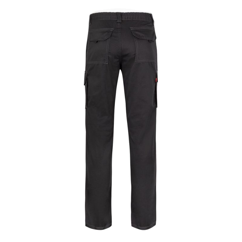 Black cargo trousers with multiple pockets, rear view.