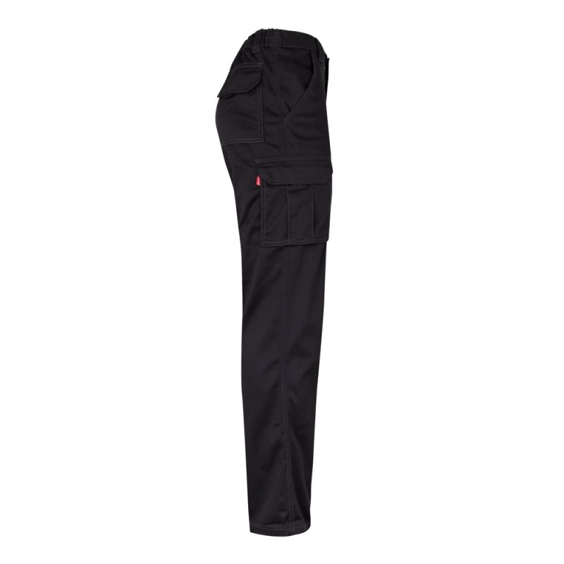 Black cargo trousers with multiple pockets.