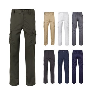 Various coloured cargo trousers displayed
