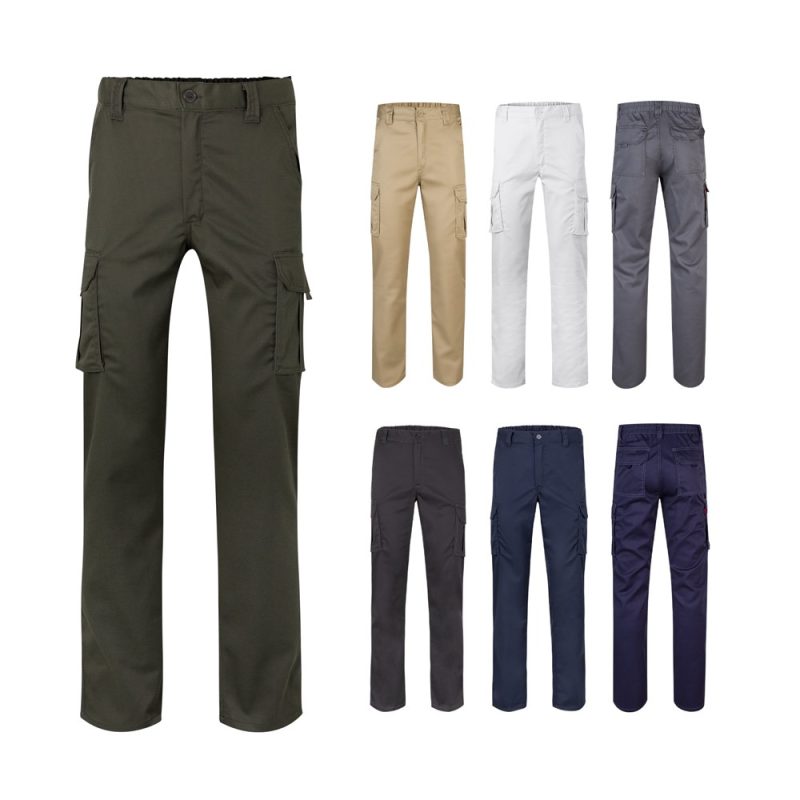 Various coloured cargo trousers displayed