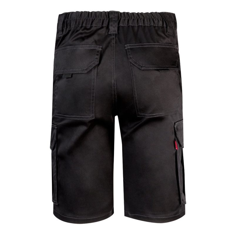 Black cargo shorts with multiple pockets, rear view.