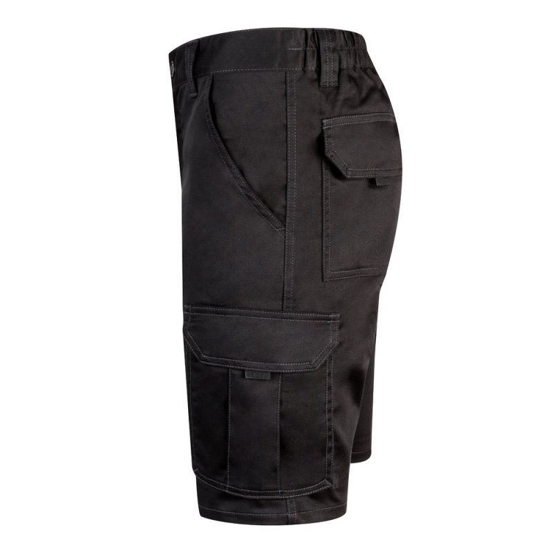 Black cargo shorts with multiple pockets, side view.