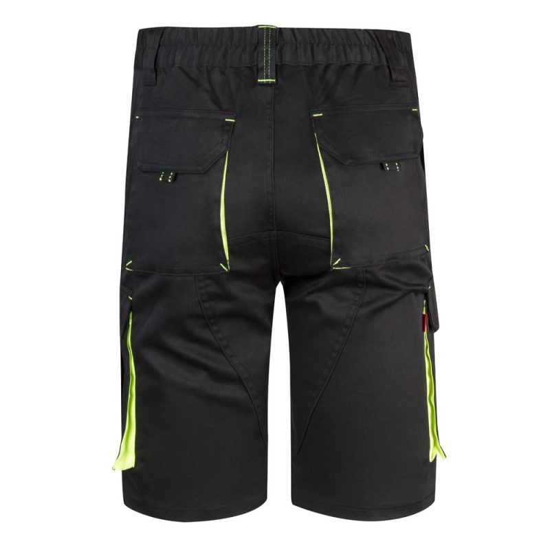 Black work shorts with neon yellow accents, back view.