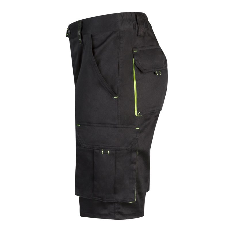 Black work shorts with multiple pockets and green trim.