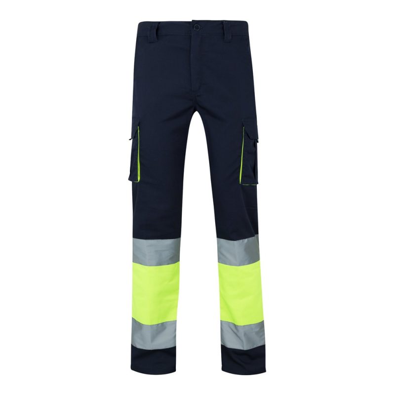 Hi-vis trousers with reflective bands and pockets.