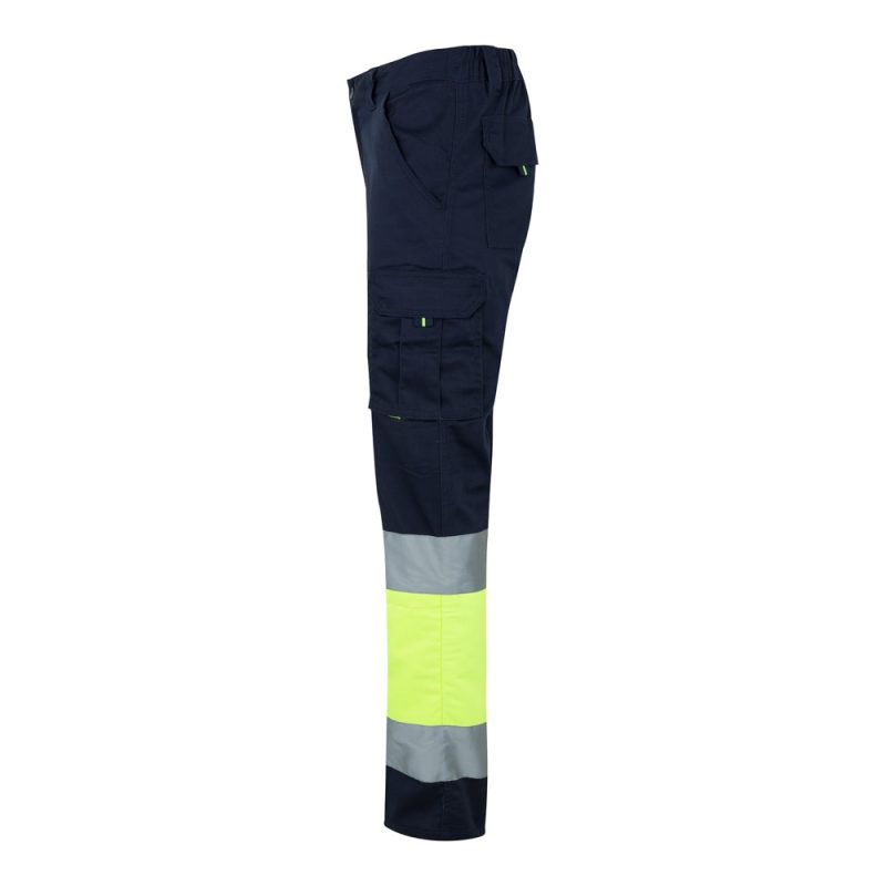High-visibility work trousers with reflective bands
